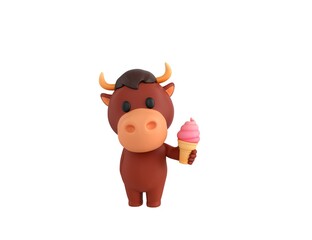 Little Bull character holding strawberry ice cream cone in 3d rendering.