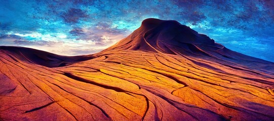 Naklejka na ściany i meble Sahara desert dunes, arid dry landscape. desolate, unexplored. Beautifully minimalistic curves and flowing sand waves - oil pastel stylized panoramic art background.