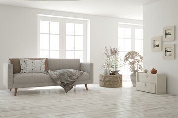 White living room with sofa. Scandinavian interior design. 3D illustration