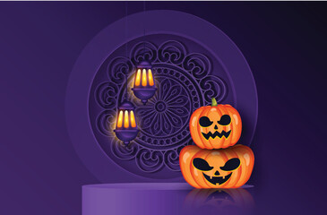 Halloween pumpkins and dark castle on blue Moon background, with night clouds in paper cut style.