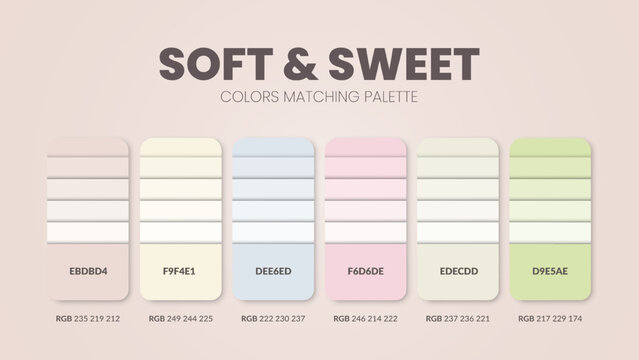 Soft and Sweet color scheme. Color Trends combinations and palette guide. Example of table color shades in RGB and HEX. Color swatch for fashion, home, interiors design 2022. Colour chart idea vector.