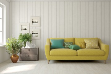 White living room with yellow sofa. 3D illustration