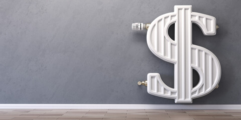 Heating radiator in form of dollar sign.  Energy crisis, energy efficiency and rising heating costs in USA concept.