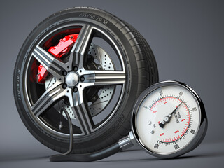 Tyre pressure gauge and car wheel. Inflation, inspection and measurement of wheel tyre. 3d illustration