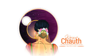 Karwa Cahuth, Karva Chauth  looking moon through sieve, Indian woman performing Hindu married festival 