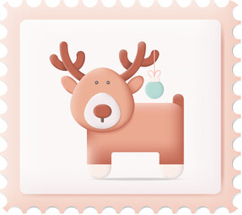 Christmas Postage Stamp with Christmas Deer 3D Icon Graphic Illustration on Transparent Background