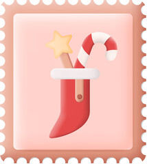 Christmas Postage Stamp with Christmas Sock 3D Icon Graphic Illustration on Transparent Background