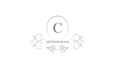 Floral monogram template and letter C. Template for cards, invitations, menus, labels. Graphic design of pages, business signs, boutiques, cafes, hotels.