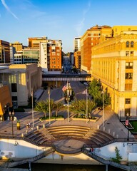 Vertical aerial view of the downtown buildings in Grand Rapids, Michigan