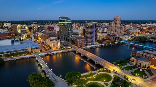Aerial view of the downtown buildings in Grand Rapids, Michigan