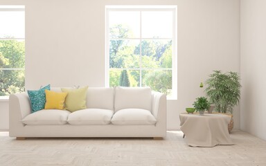 White living room with sofa and summer landscape in window. Scandinavian interior design. 3D illustration