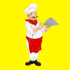 cartoon chef with mustache with cooking dish isolated on yellow background suitable for animation design, brand mascot and illustration