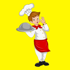 cute cartoon young chef isolated on yellow background suitable for animation and illustration design