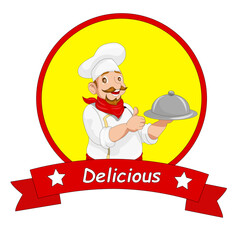 A mustachioed chef carrying a dish of food in a circle frame and ribbon containing typography, isolated on a yellow background suitable for animation design, brand mascots