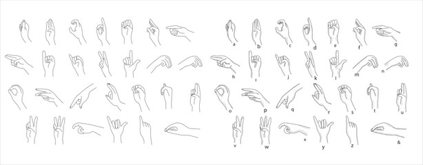 Fototapeta na wymiar Hand sign language alphabet collection - vector line illustration