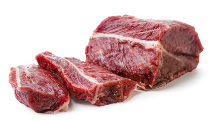 Raw beef meat cut into pieces close-up on a white background. Isolated