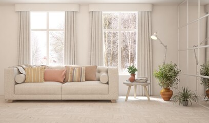 White living room with sofa and winter landscape in window. Scandinavian interior design. 3D illustration