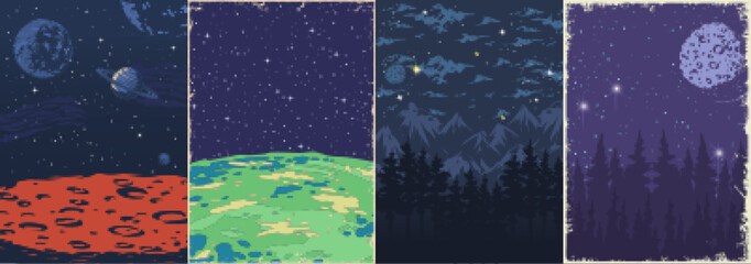 Space landscapes set flyers colorful
