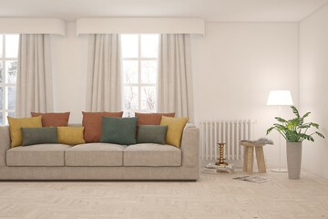 White living room with sofa. Scandinavian interior design. 3D illustration
