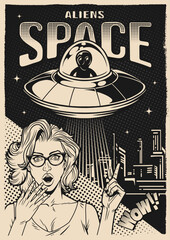 Space aliens monochrome vintage flyer