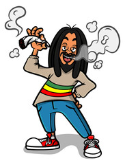 Dreadlocks men wearing sweater with rastafarian flag colors and smoking marijuana, best for sticker, logo, and mascot with reggae music themes