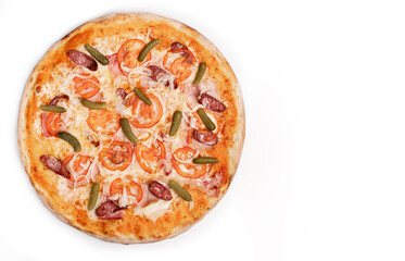 Fresh pizza with sausage, ham, onion, Pickled gherkins and cheese isolated on white background. Copyspace. Top view