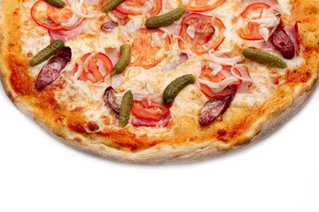 Pizza Close Up with sausage, ham, onion, Pickled gherkins and cheese isolated on white background. Copyspace. Top view