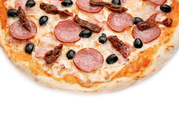 Pizza Close Up with salami, olives, Sun dried tomatoes and cheese isolated on white background. Copyspace. Top view