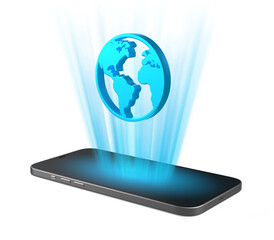 Smartphone that projects earth icon from the screen. Phone with earth symbol on isolated background. 3D Rendering.