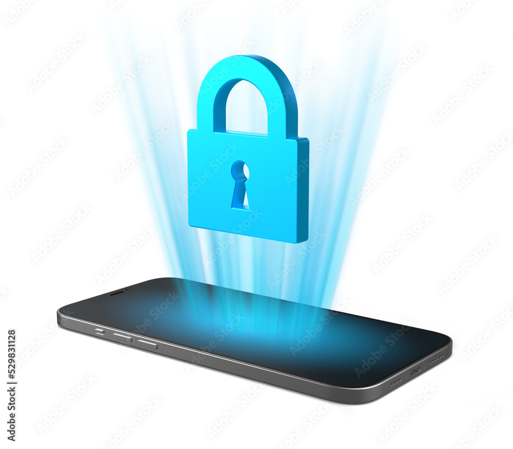 Poster smartphone that projects lock icon from the screen. phone with lock symbol on isolated background. 3