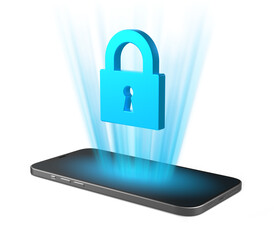 Smartphone that projects lock icon from the screen. Phone with lock symbol on isolated background. 3D Rendering.