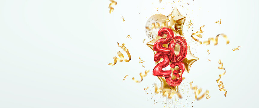 Website header 2023, happy new year. new calendar year. Magazine style, web poster, poster. 3D illustration, 3D render.