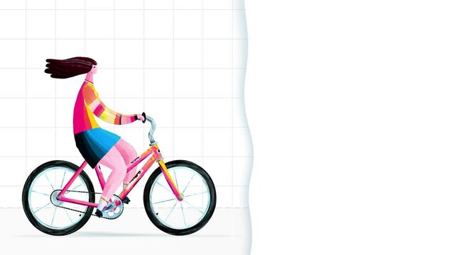 Woman character animated riding a bicycle on light grid moving background with title frame. Paint hand made cartoon style seamless loop. Empty place for titles. Motion design graphic animation style.