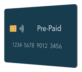 Here is a pre-paid, secure credit card on a transparent background that is seen in a 3-d illustration.