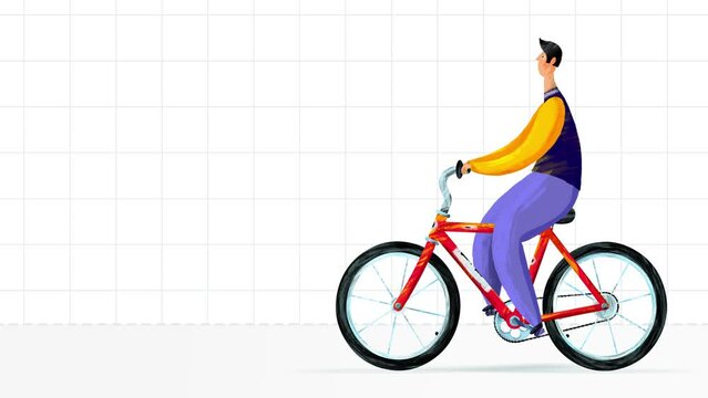 Man character animated riding a bicycle on light grid moving background. Paint hand made cartoon style seamless loop. Empty place for titles. Motion design graphic animation business explainer style.
