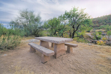 Concrete table and chairs on a campground at Sabino Canyon State Park in Tucson, Arizona