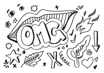 Fototapeta premium mouth with OMG text. Comic doodle sketch style.OMG icon lettering.