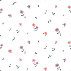 Seamless floral pattern, cute ditsy print with small flowers on a white background. Pretty botanical surface design with mini drawn plants: simple flowers, leaves in an abstract composition. Vector.