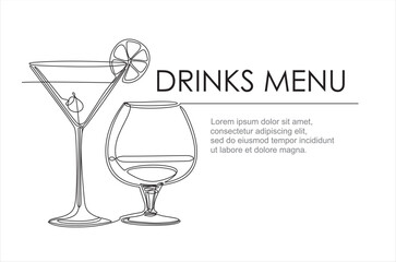 Drinks menu. Continuous one line drawing of glasses with cocktails. Illustration with quote template. Can used for logo, banner, booklet, flyer, brochure - obrazy, fototapety, plakaty