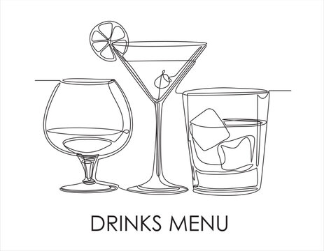 Drinks menu. Continuous one line drawing of glasses with cocktails. Illustration with quote template. Can used for logo, banner, booklet, flyer, brochure