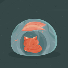 Sleeping little fox in a burrow covered by two autumn leaves. Napping fox hiding itself in a hole under two big leaves with berries. Dreaming fox cube lying in a mink at night in autumn.