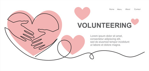 continuous line drawing of hand hugging heart, hug. Volunteering hands with heart.  Illustration with quote template. Can used for logo, emblem, slide show and banner.