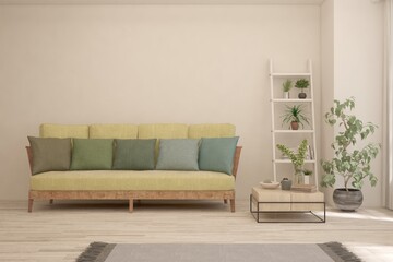 Soft color living room with sofa. Scandinavian interior design. 3D illustration