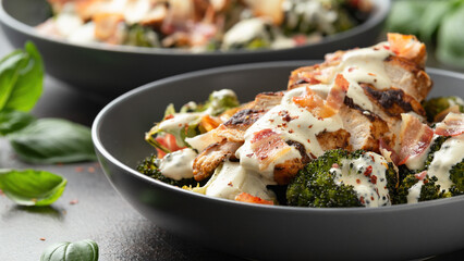 Baked chicken, broccoli with creamy cheese sauce and bacon