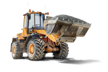 A large front loader transports crushed stone or gravel in a bucket at a construction site. Transportation of bulk materials. Isolated loader on a white background.