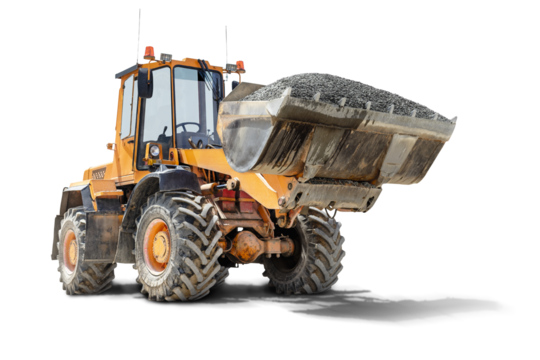A large front loader transports crushed stone or gravel in a bucket at a construction site. Transportation of bulk materials. Isolated loader on a white background.