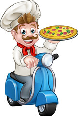 Cartoon Pizza Chef on Delivery Moped Scooter