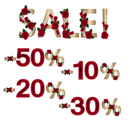 The text for the sale and the percentage signs, made of gold letters with red roses. Vector clip art. All part are editable