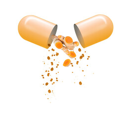 Turmeric capsule with tumeric herbal powder and rhizome on white background.