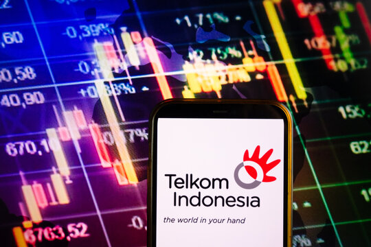 KONSKIE, POLAND - September 10, 2022: Smartphone displaying logo of Telkom Indonesia company on stock exchange chart background